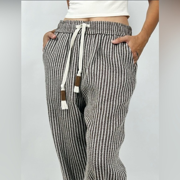 Brown and White Women's Striped Pants, elastic waist, adjustable ankle cuff. - Picture 14 of 16